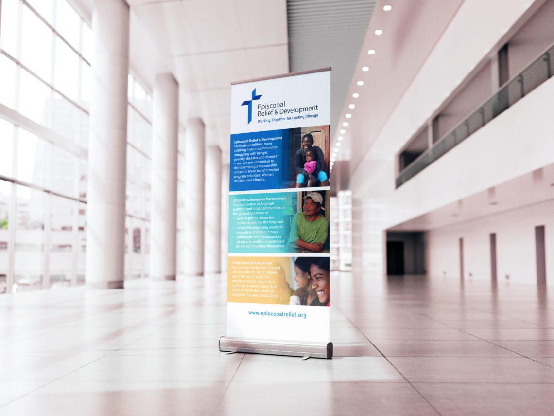 Promotional banner in a convention hall