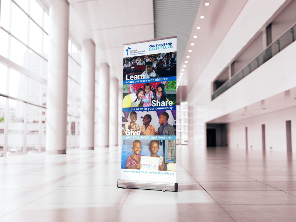 Promotional banner in a convention center hallway